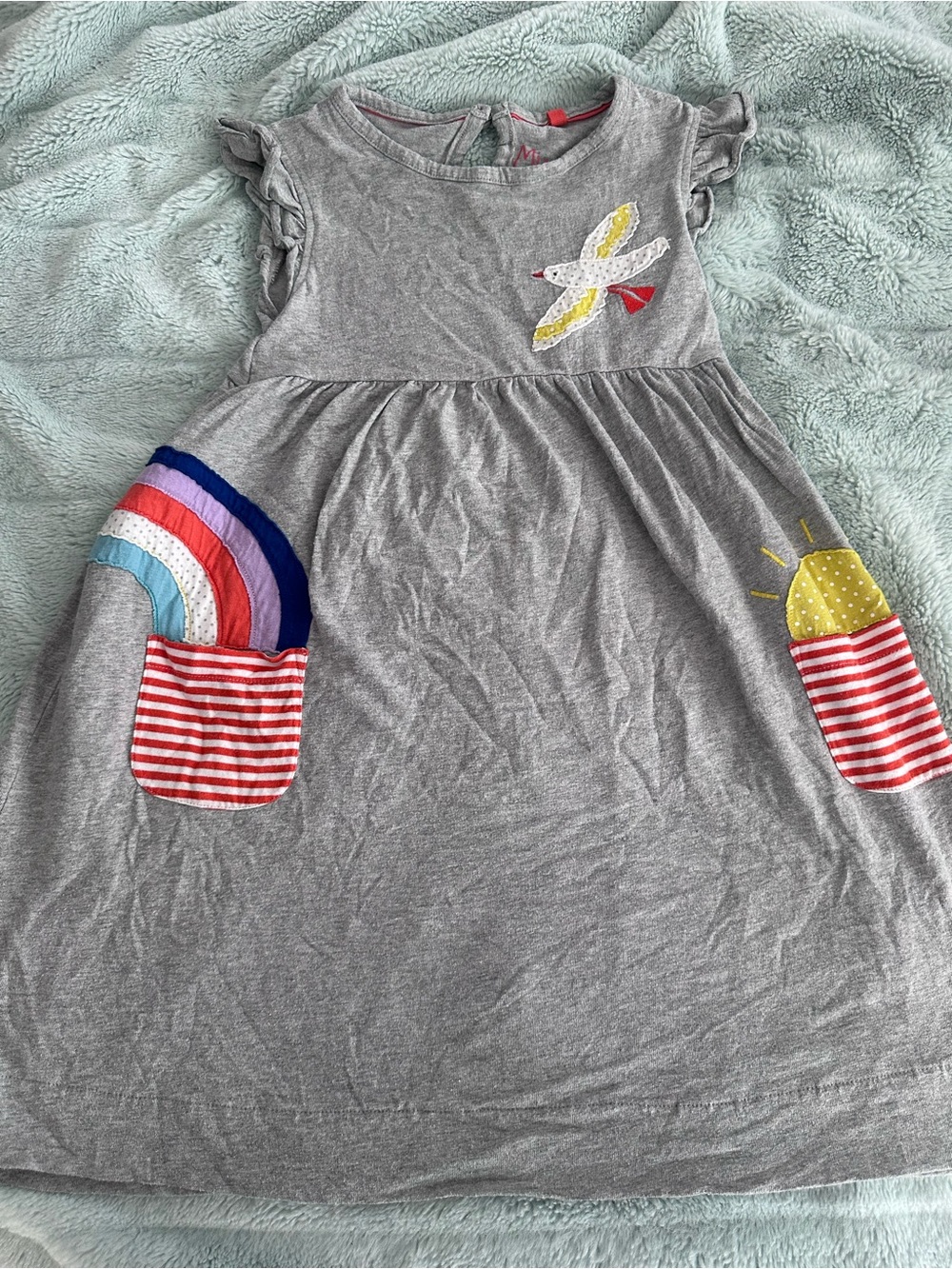 Mini Boden Gray Dress with Rainbow Pockets & Sunny Bird Appliqué